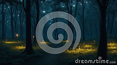 A moonlit forest with fireflies dancing around the trees Stock Photo