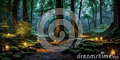 Moonlit Forest Glade. Amidst ancient trees, a moonbeam illuminates a hidden glade. Stock Photo