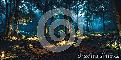 Moonlit Forest Glade. Amidst ancient trees, a moonbeam illuminates a hidden glade. Stock Photo