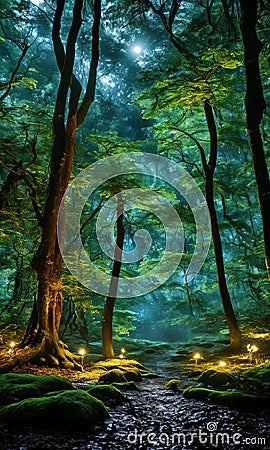 Moonlit Forest Glade. Amidst ancient trees, a moonbeam illuminates a hidden glade. Stock Photo