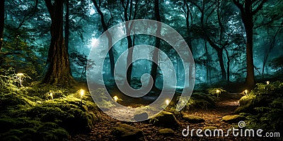 Moonlit Forest Glade. Amidst ancient trees, a moonbeam illuminates a hidden glade. Stock Photo