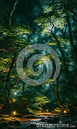 Moonlit Forest Glade. Amidst ancient trees, a moonbeam illuminates a hidden glade. Stock Photo