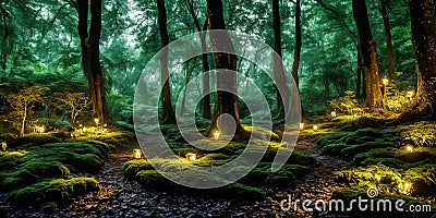 Moonlit Forest Glade. Amidst ancient trees, a moonbeam illuminates a hidden glade. Stock Photo