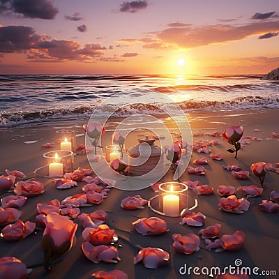 A_candle-lit_beach_at_sunset_where_roses Stock Photo