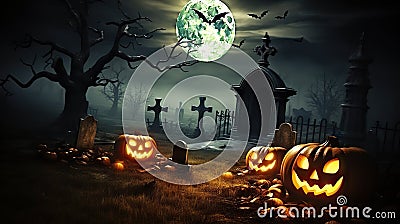 Moonlit Haunted Graveyard Spooky Halloween Background with Pumpkins and Full Moon. created with Generative AI Stock Photo