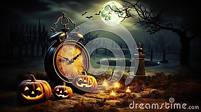 Moonlit Haunted Graveyard Spooky Halloween Background with Pumpkins and Full Moon. created with Generative AI Stock Photo