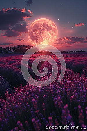 Moonlit lavender fields at dusk Stock Photo