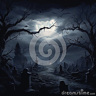 Moonlit Macabre: Unearthly Whispers in the Haunted Graveyard Cartoon Illustration