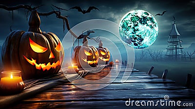 Moonlit Magic Enchanting Halloween Scene with Glowing Jack O' Lanterns in the Spooky Night. created with Generative AI Stock Photo