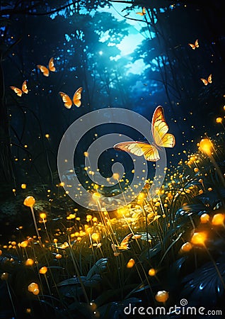Moonlit Magic: A Glittering Flight Through a Forest of Enchantme Stock Photo