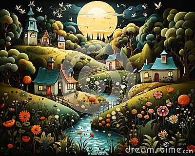 Moonlit Magic in a Rural Village: A Delightful Illustration of T Stock Photo