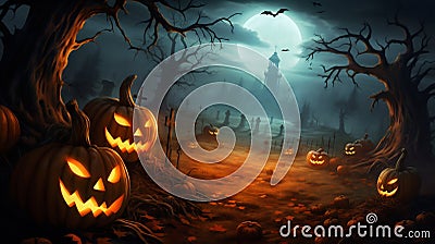 Moonlit Mischief: Halloween in the Pumpkin Patch. Generative ai Cartoon Illustration