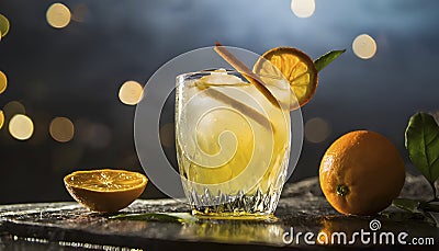 Moonlit Mixology. Crafting Citrus Cocktails with Fresh Orange Peel. Stock Photo