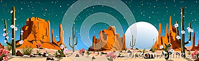 Moonlit night in the desert with blooming cacti Vector Illustration