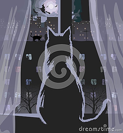 Moonlit night in the window. Vector Illustration