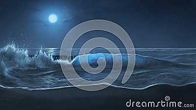 Moonlit ocean waves Cartoon Illustration