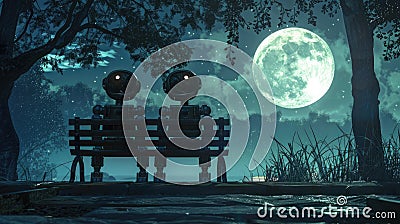 Moonlit rendezvous: robots sitting on bench, capturing romantic automation essence. Automation love Stock Photo