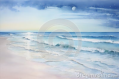 Moonlit Romance: Serene Beach Watercolor Stock Photo