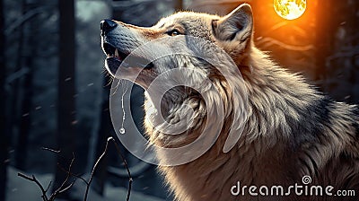 Moonlit Serenade. Gray Wolf's Haunting Howl in the Winter Forest Stock Photo