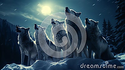 Moonlit Serenade: Wolves' Melody Beneath the Full Moon Stock Photo