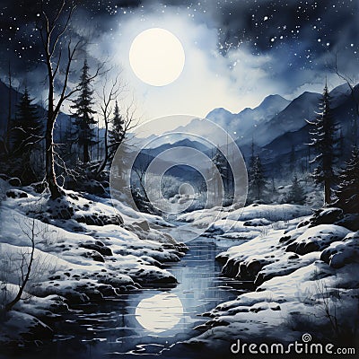 Moonlit Serenity: A Snowy Mountain Creek under the Night Sky Stock Photo