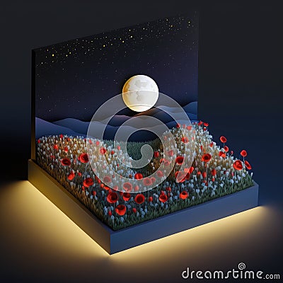 moonlit sky over a field of poppies, isometric low poly view AI generation Stock Photo