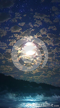 Moonlit sky over tranquil sea, with clouds adding mystical beauty Stock Photo