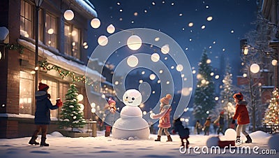 Moonlit Snowfall: Anime Characters' Winter Fantasy. AI generate Stock Photo