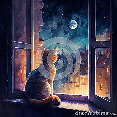 Moonlit Tale: Cozy Cat Watching Over the City Stock Photo