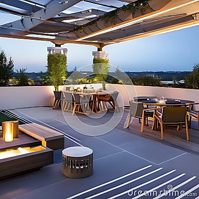 Moonlit Terrace: A rooftop terrace designed for stargazing, featuring a telescope, lunar-inspired decor, and cozy seating under Stock Photo