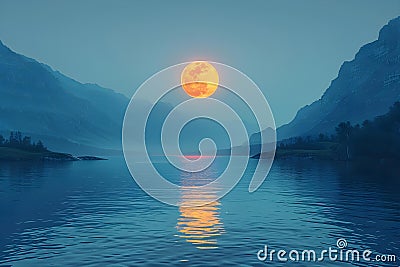 Concept Moonlit Tranquility, Mountains, Reflections Moonlit Tranquility Mountains and Reflections Stock Photo