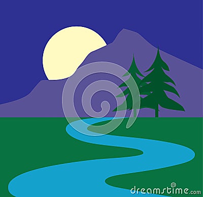 Moonrise with Stream Vector Illustration