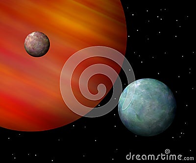 Moons orbiting a reddish gas giant Stock Photo