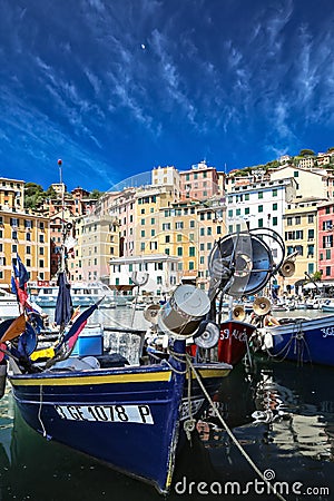 Moored boats at marina in Camogli Italy Editorial Stock Photo