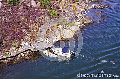 Moored Boats, Rocky Coast of Bohuslan, Sweden Editorial Stock Photo