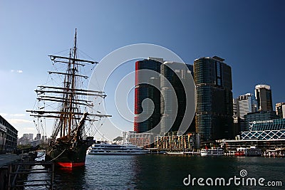 Moored historic sailing ship with iconic cityscape of modern skyscrapers on harbor waterfront, Darling Harbour, Sydney, Australia Editorial Stock Photo