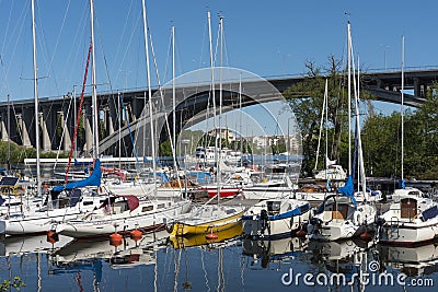 Moored leisureboats in marina FredhÃ¤ll Stockholm Editorial Stock Photo