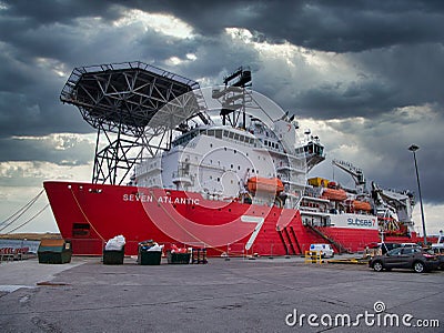 Moored at Lerwick, Shetland, UK the advanced diving vessel Seven Atlantic, an offshore supply ship built in 2010 Editorial Stock Photo