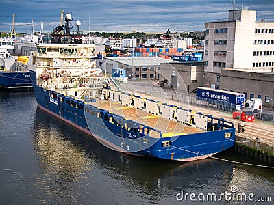 Moored in the Port of Aberdeen, Scotland, the deck area of the Grampian Talisker, an offshore tug / supply ship Editorial Stock Photo