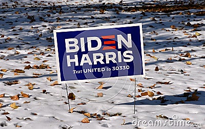 Biden Harris political sign in the snow and leaves Editorial Stock Photo