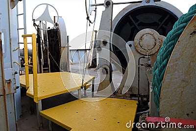 Mooring and anchoring windlass on the fwd part of the vessel Stock Photo