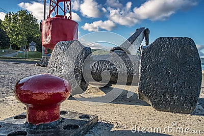 Mooring cleat anchor and Sea buoy Stock Photo