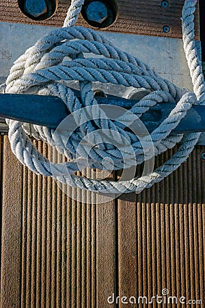 Mooring cleat on a wooden pier Stock Photo