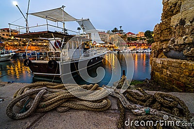 Mooring ropes at Byblos harbor at dusk, Lebanon Editorial Stock Photo