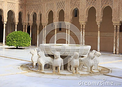 Moorish architecture of the Court of the Lions, The Alhambra, Spain Editorial Stock Photo