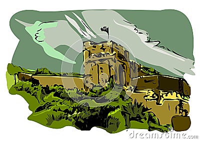 Moorish Castle at the Rock of Gibraltar Cartoon Illustration