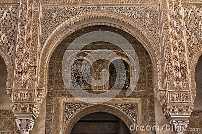 Moorish ornaments and architecture in Alhambra Palace, the Moorish citadel in Granada (Spain) Editorial Stock Photo