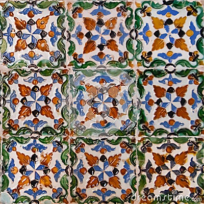 Moorish style ceramic colourful tiles with geometrical patterns from Seville Stock Photo