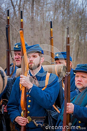 MOORPARK, USA - APRIL, 18, 2018: Group of military wearing blue uniform representing the civil War Reenactment in Editorial Stock Photo