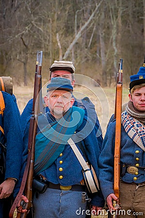 MOORPARK, USA - APRIL, 18, 2018: Group of military wearing blue uniform representing the civil War Reenactment in Editorial Stock Photo